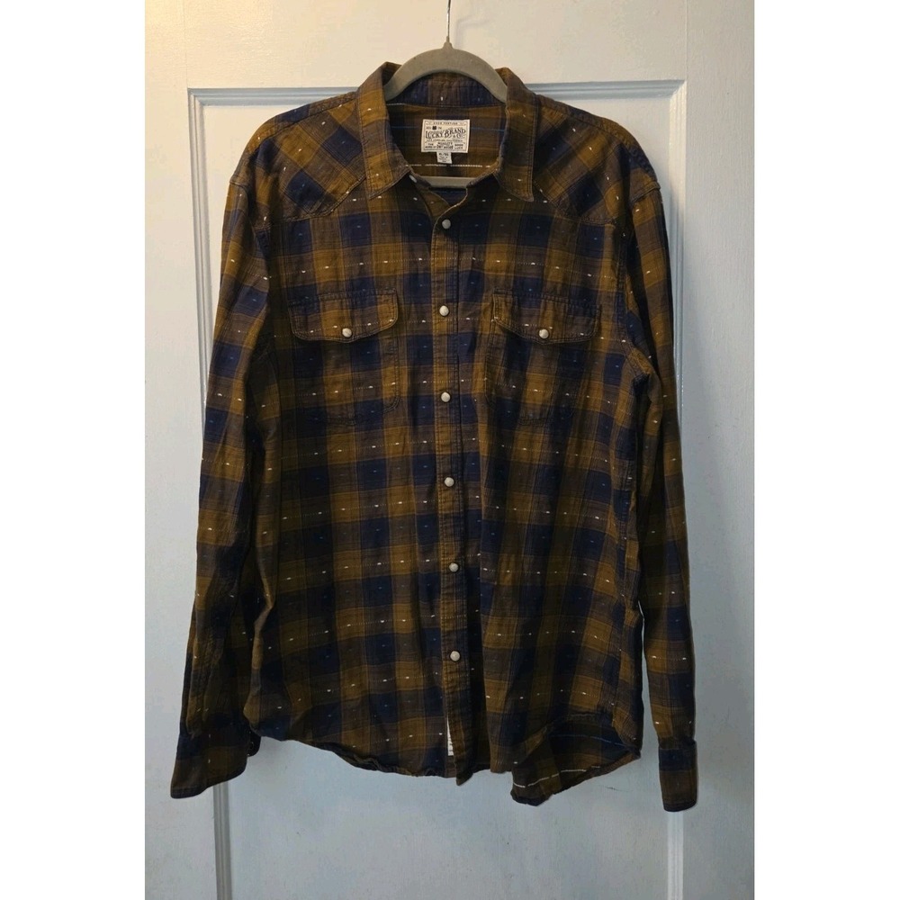 Lucky Brand Plaid Flannel Mens Brown,  Navy . Pearl Buttons. XL